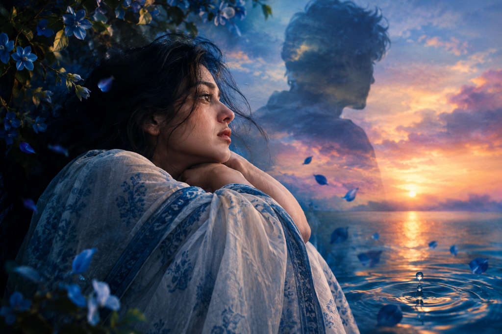 A lonely woman surrounded by a dreamy, melancholic atmosphere, symbolizing longing and emotional attachment