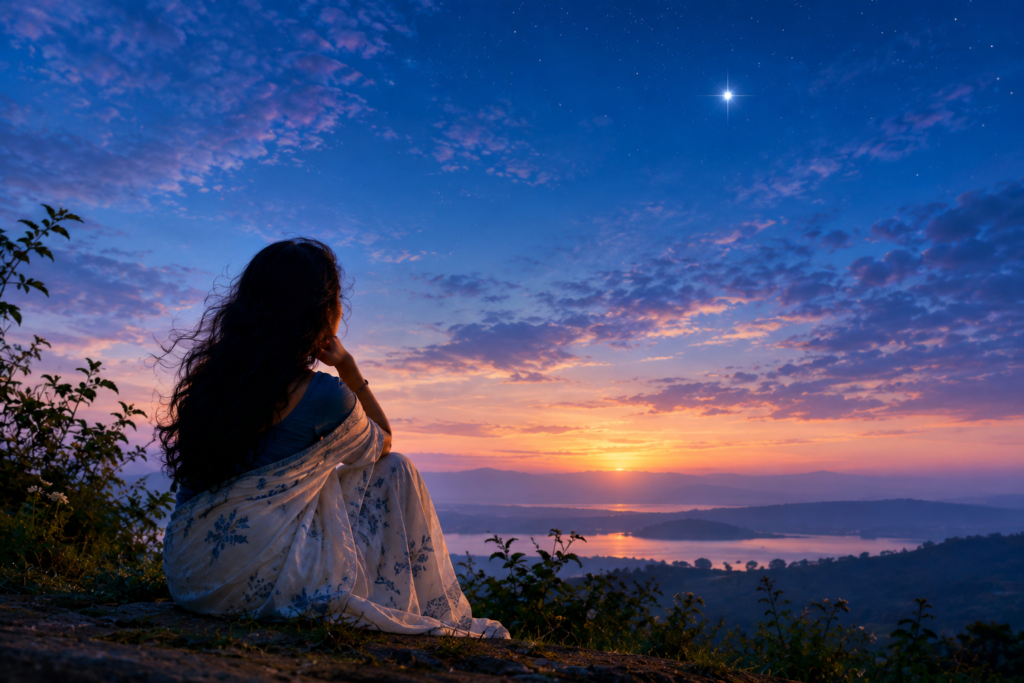 In the Grip of Restlessness: Woman in a saree gazing at the twilight sky beneath a bright star