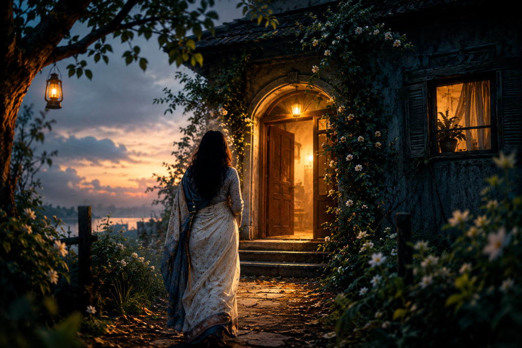 A solitary woman entering the symbolic house of sadness