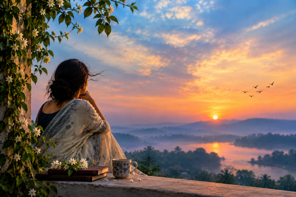 A woman sits beside a river at sunset, gazing at the distant hills beneath a glowing sky, reflecting the dreams and solitude in Lucy’s Bengali poem Dreams Keep Calling.