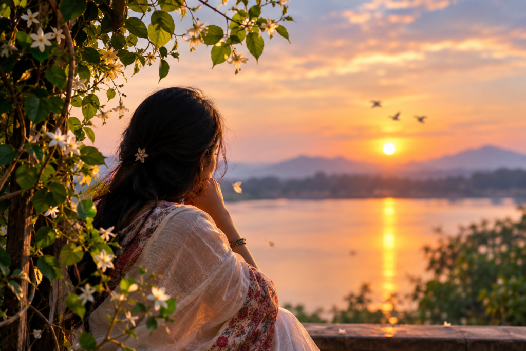 A woman in an ivory saree gazes at a sunset over a lake, reflecting the longing and timeless hope expressed in Lucy's poem.